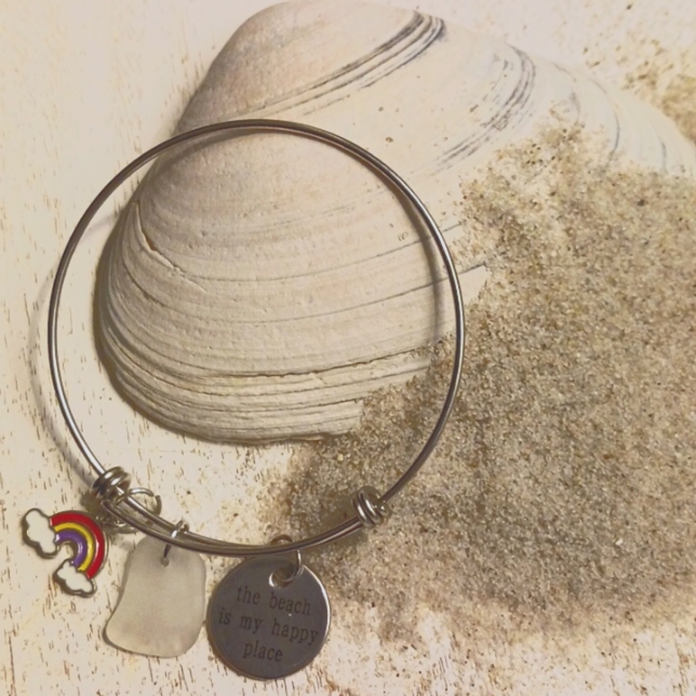 Handmade stainless Steel Adjustible Seaglass  Rainbow Beach Charm Bracelet..